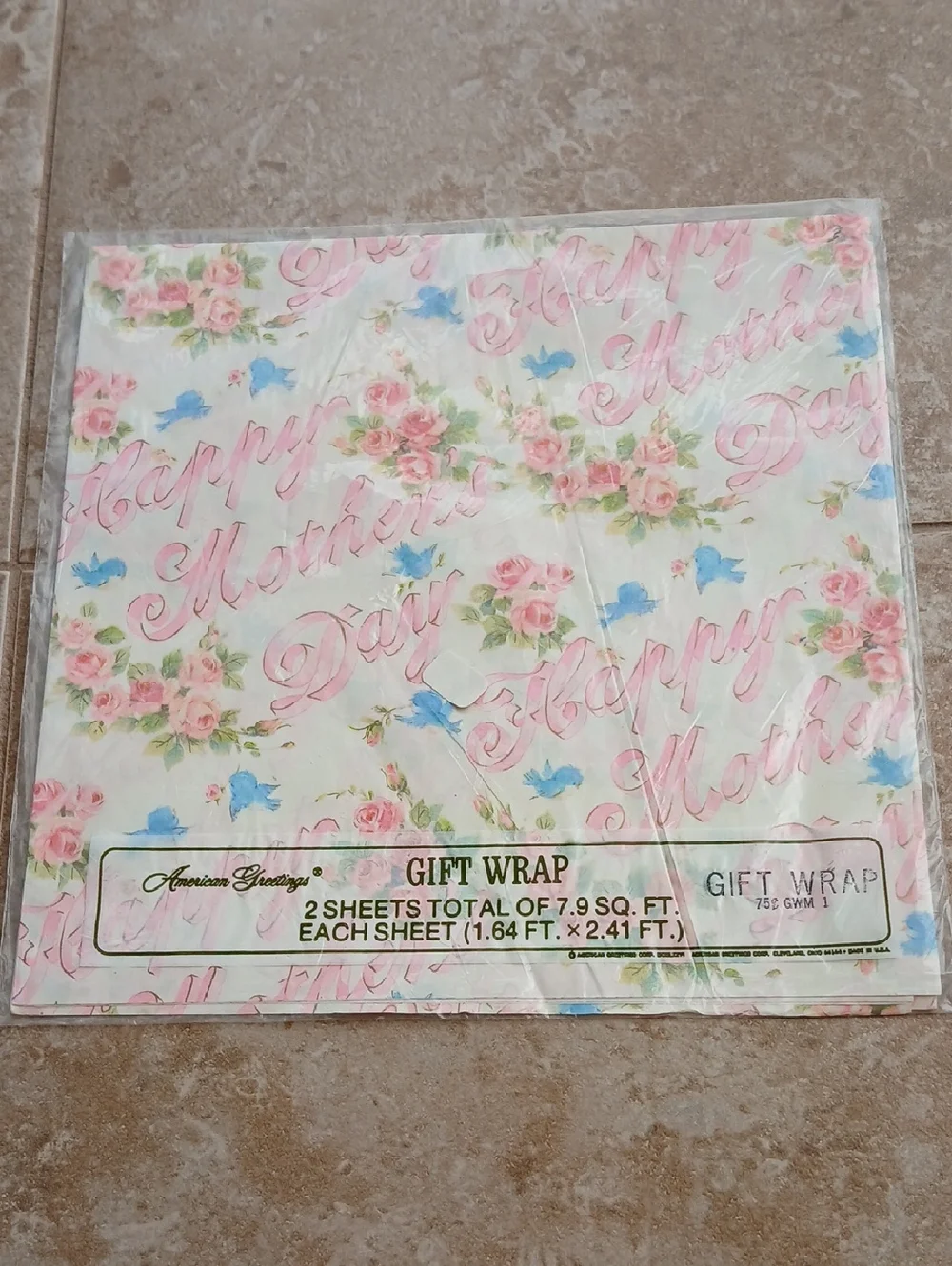 Vintage American Greetings Pink Floral & Blue Bird Mother's Day Gift Wrap